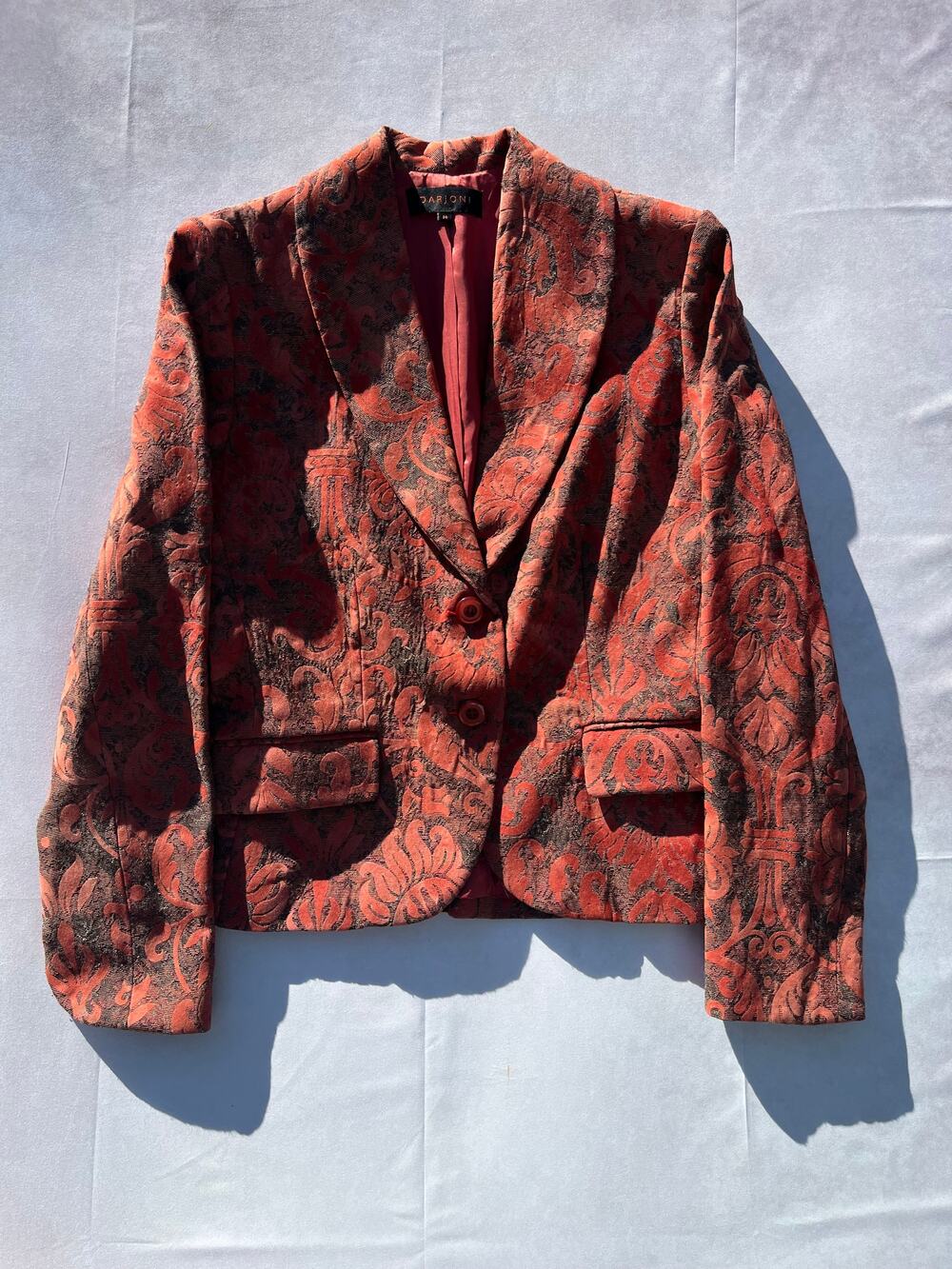 Darjoni Burnout Velvet Damask Blazer Jacket Rust Orange Vintage Medium ✨